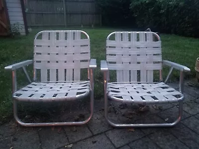 Two Sunbeam Style VTG Aluminum Folding Beach Chair Web Low Profile Lawn  White • $49.99