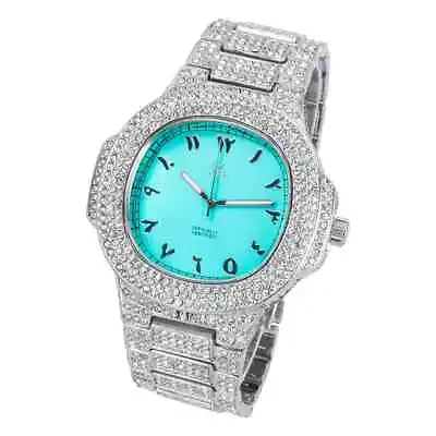 Men's Watch Icy Teal Blue Arabic Dial Iced Metal Band Hip Hop Simulated Diamond • $26.99