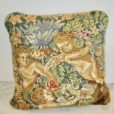 Vintage Needlepoint Cherub Angel Flower Pillow Velvet Back 14 X 14 Accent • $24.99