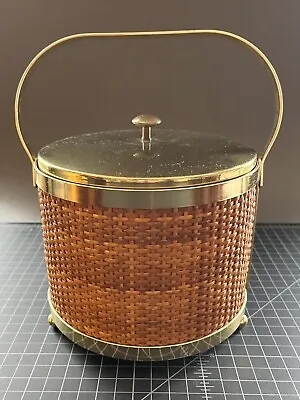 Vintage Brass & Woven Cane Milk Glass Ice Bucket • $99