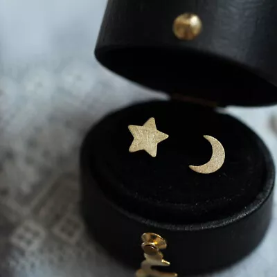 Solid 925 Sterling Silver Lucky Sanded Star And Moon Stud Dainty Earring Gift • $7.57