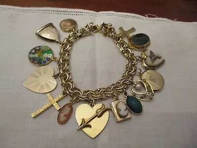 Antique Victorian Gold Filled Charm Bracelet 7.5  14 Charms Lockets Cameo Fob • £121.64