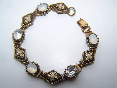 Vtg Book Chain BRACELET With Clear RS Moonstones & Pearls - C23 • $30.60