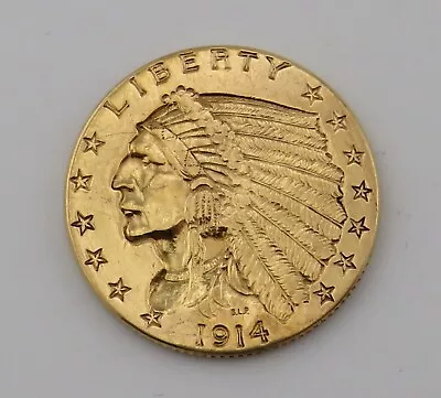 1914 Liberty Indian Head Half Eagle 2 1/2 Dollar Gold Coin - Cleaned • $349.99