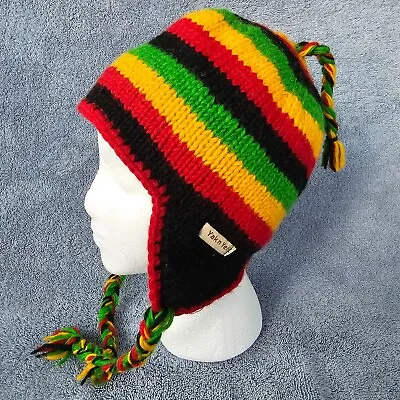 Yak N Yeti Beanie Hat Wool Nepal Rasta Multicolor Pattern Ear Flaps Tassles Ski • $22.99