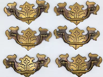 Vtg VICTORIAN BRASS GOLD TONE ORNATE DRAWER PULLS SET OF 6 Marked 3965 1/2 • $9.46