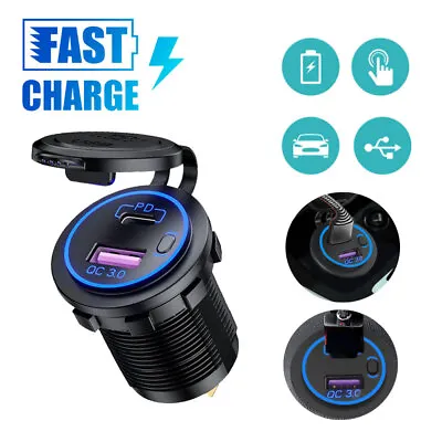 PD QC 3.0 Dual USB Car Fast Charger Socket Power Outlet LED Voltmeter Waterproof • $11.23