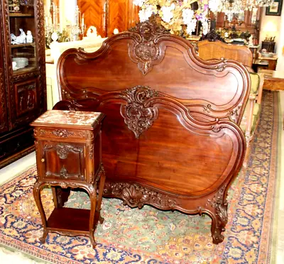 Exquisite French Antique Carved Mahogany Louis XV  Queen Size Bed & Nightstand • $4800