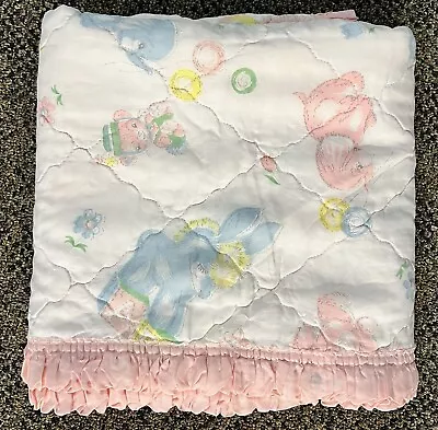 Vintage Baby Blanket Crib Quilted Comforter Pastel Ruffle • $50.05