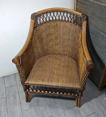 Vintage Boho Chic Asian Wicker Rattan Bamboo Lounge Arm Chair Coastal • $522