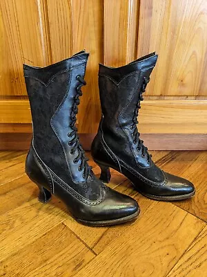 Women's Oak Tree Farms Victorian Style Lace Leather Boots Point Toe Black 7 • $69.99