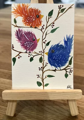 Aceo Watercolour Painting - Funky Bird Tree Trio - Original Work By Vicki 2023 • £6.50