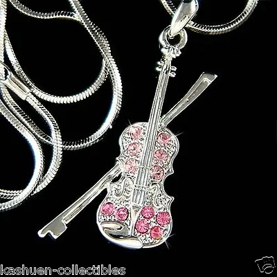 ~Pink Fiddle VIOLIN Bow Made With Swarovski Crystal Music Musical Charm Necklace • $41