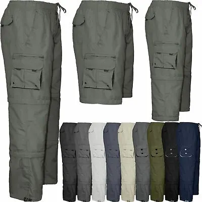 Mens Combat Cargo Work Trousers Elasticated Waist Pant 3 In 1 Zip Off 3/4 Shorts • £13.99