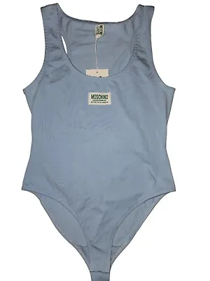 Moschino Bodysuit Baby Blue US XS White Patch White Tank Strap • $79.99