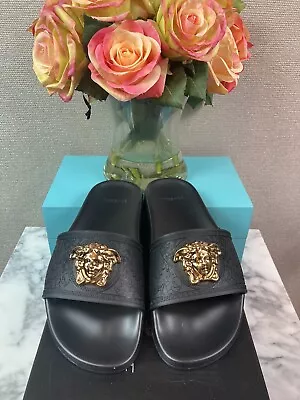 NWT Authentic Versace Black Women’s Medusa Slides Sandals - EU Size 37.5 = US 7 • $198