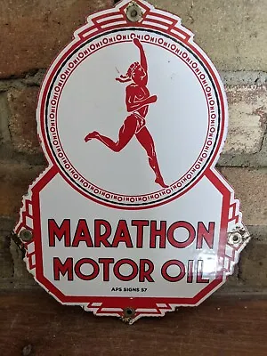 Vintage 1957 Marathon Motor Oil Porcelain Gas Station Die Cut Sign 12  X 7.5  • $129.99