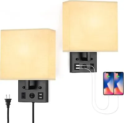 2Pcs Wall Lamps Modern Bedside W/ USB Ports & AC Outlet For Bedroom Living Room • $30.99