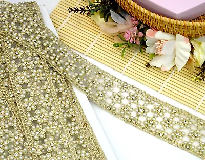 1 Yrd Gold Beaded  Edging Metallic Colour Indian Trim Wedding Dress Sew On 45mm • £5.99