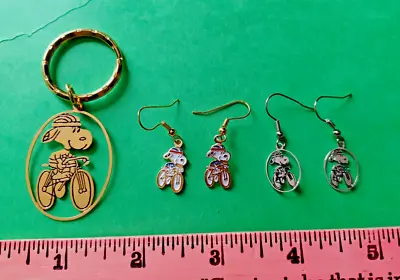 Snoopy Cycling Vintage Keychain & Bicycle Earrings 1950's-60's : AVIVA Peanuts • $9.95