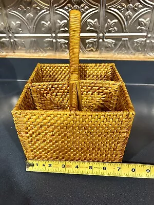 Rattan Woven Wicker Divided Wine Condiment Or Flatware Basket Loop Handle • $19.95