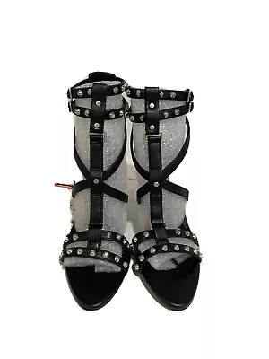 $43 • Buy Zara Studded Black Leather Strappy Sandals 37