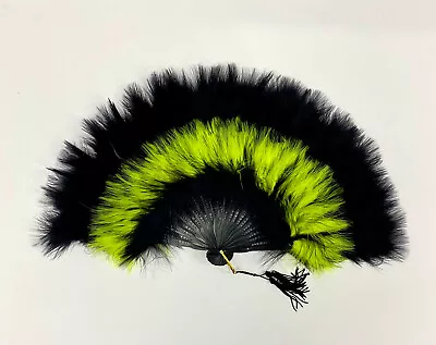 BLACK/LIME GREEN Marabou FEATHER FAN 12  X 20  Opens & Closes Burlesque Wedding  • $23.39