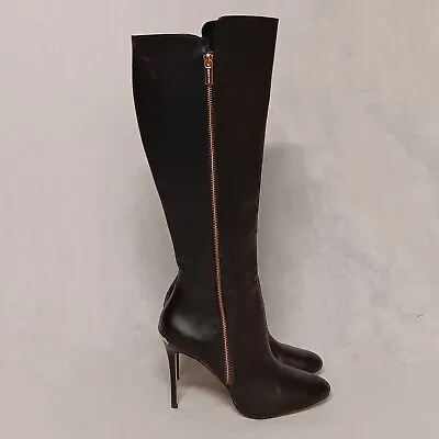 Michael Kors Clara Stiletto Heel Boot 9M Black 4.5  Heel Knee High Gold Trim • $42.95