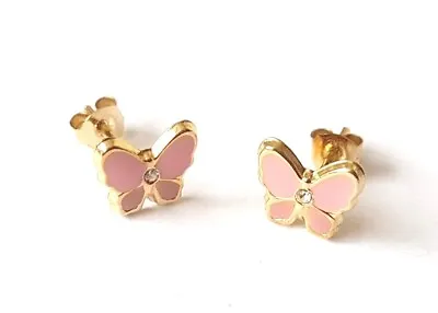 9ct Gold Pink Enamelled Butterfly CZ Insect Stud Earrings Girls Kids X'mas GIFT • £26.50