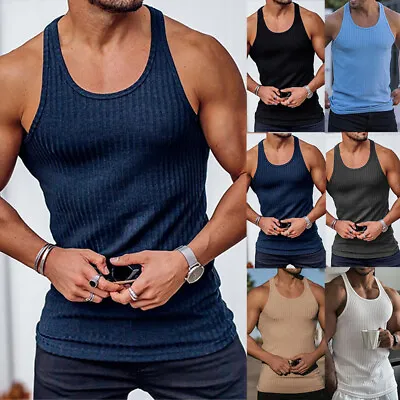 Mens Ribbed Racerback Gym Fitness Muscle Tank Workout Bodybuilding Running Vest! • £4.79
