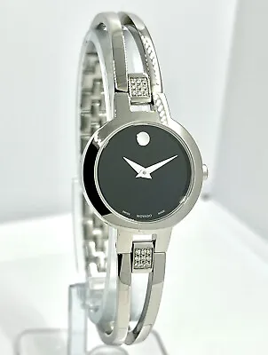 Movado Women's Amorosa Diamonds Silver Bangle 24mm Steel Watch 0607154 • $300