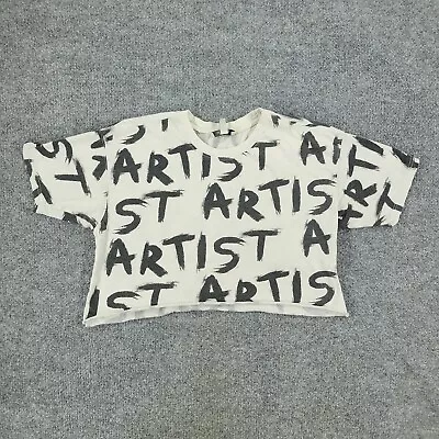 Zara Trafaluc Shirt Women's Small White Artist AOP Crop Top Graphic Short Sleeve • $10.99