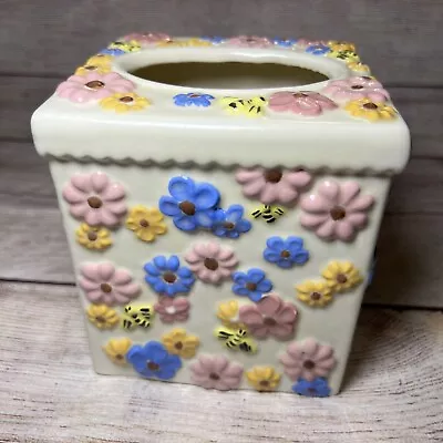 Ceramic Tissue Box Cover Pink Blue Flowers Daisies Bees Vintage Boho Kitsch • $23.99