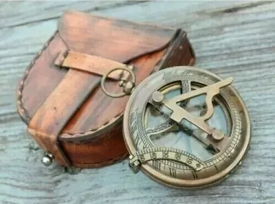 Vintage Nautical Push Button Sundial Antique Brass Compass With Leather Box • $15