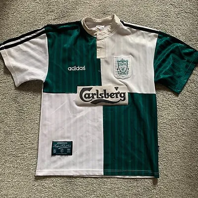 £30 • Buy Liverpool FC 1995-96 Adidas Green And White Away Shirt