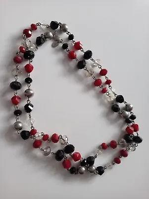 Marks And Spencer M&S Red Black And Silver Tone Faceted Beaded Necklace • £5.99