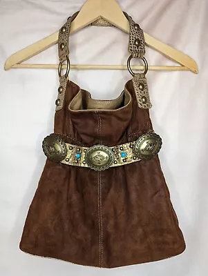 KATHY VAN ZEELAND Shoulder Handbag Faux Suede Caramel Turquoise Trim Western • £38.60