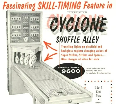 Cyclone Arcade Flyer 1958 United Shuffle Alley Bowling Alley Game Art 8.5  X 11  • $23.80