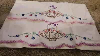 24-350  Vintage Set Pair  Hand Embroidery Embroidered Cotton Pillowcases Flowers • $10