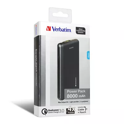 Verbatim Black QC 3.0 Universal External Charger Battery Pack 8000mAh Power Bank • $39.95