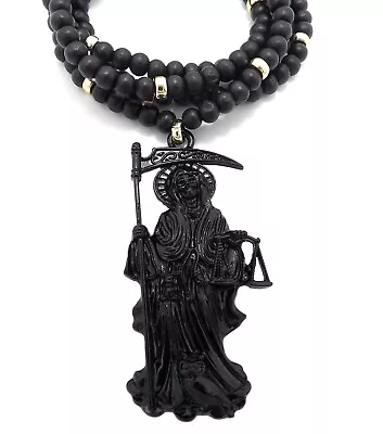 Jet Black Saint Death Santa Muerte Pendant & 6mm 30  Wooden Wood Bead Necklace • $21.99