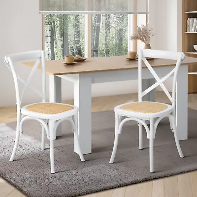 Oikiture 2PCS Crossback Dining Chair Solid Birch Timber Wood Ratan Seat White • $199.90