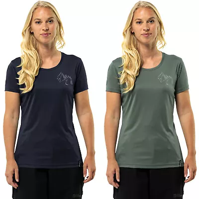 Jack Wolfskin Womens Peak Graphic Outdoor Short Sleeve Crew Neck T-Shirt Top Tee • £28