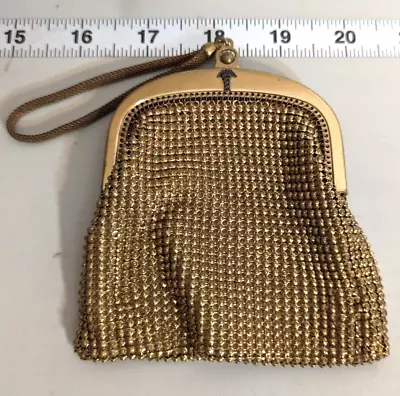 Whiting & Davis Caduceus Symbol Gold Mesh Bag 1960s 4  X 4  Made USA Wrist Strap • $41.79