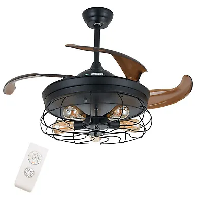 36/42  Ceiling Fan With Light Industrial Retractable Blades Vintage Cage Remote • $76