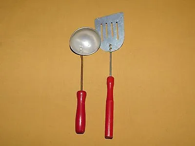 Vintage Child Toy Kitchen Utensils Red Wood Handle Spatula & Ladle • $27.99