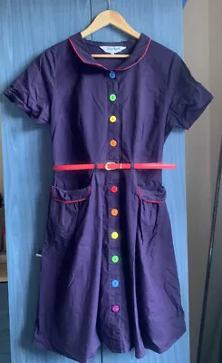 £24.99 • Buy Harkel Purple Rainbow Button Shirt Dress With Pockets & Belt - Size UK 16