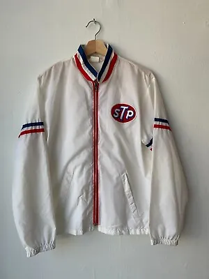 $85 • Buy Vintage 70s STP White Full Zip Racing Jacket Nylon Striped Wind Breaker Medium 