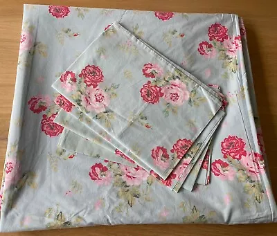 Vintage Cath Kidston Duck Egg Blue/Red & Pink Roses KS Duvet Cover/4 Pillowcases • £30