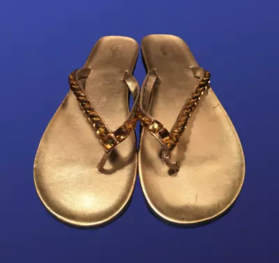 MOSSIMO Jeweled Flip Flop Flat Sandals GOLD METALLIC Size 10 Pre-owned EUC • $12